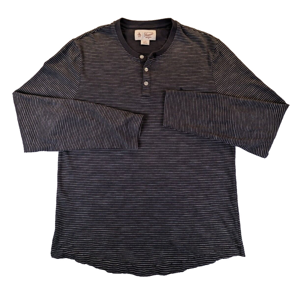 Penguin Henley Shirt Mens Large Henley Gray Striped Long Sleeve Tee Cotton